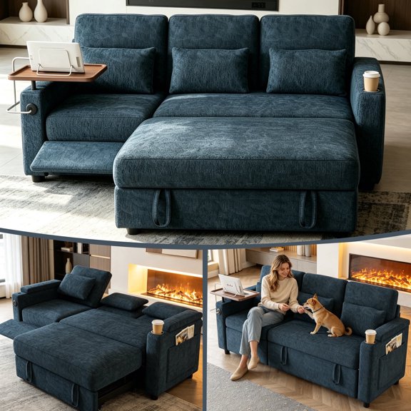 Sleeper Sectional Sofa, 83" Convertible Sofa Bed with Pull Out Couches, Adjustable Backrest and Seating, L Shaped Couch with Small Desktop, Modern Chenille Sofas for Living Room Apartment,Blue