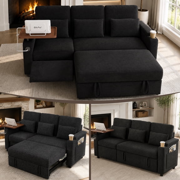 Sleeper Sectional Sofa, 83" Convertible Sofa Bed with Pull Out Couches, Adjustable Backrest and Seating, L Shaped Couch with Small Desktop, Modern Chenille Sofas for Living Room Apartment,Black