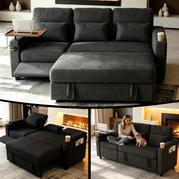 Sleeper Sectional Sofa, 83" Convertible Sofa Bed with Pull Out Couches, Adjustable Backrest and Seating, L Shaped Couch with Small Desktop, Modern Chenille Sofas for Living Room Apartment,Black