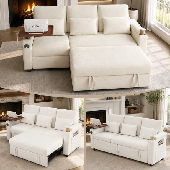 Sleeper Sectional Sofa, 83" Convertible Sofa Bed with Pull Out Couches, Adjustable Backrest and Seating, L Shaped Couch with Small Desktop, Modern Chenille Sofas for Living Room Apartment,White