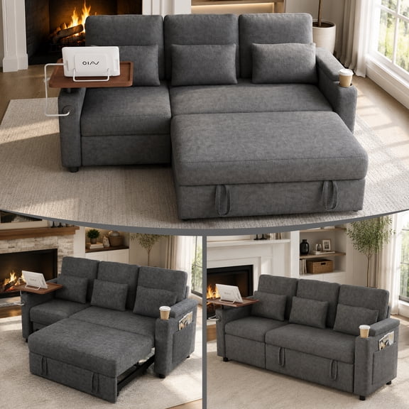Sleeper Sectional Sofa, 83" Convertible Sofa Bed with Pull Out Couches, Adjustable Backrest and Seating, L Shaped Couch with Small Desktop, Modern Chenille Sofas for Living Room Apartment,Grey