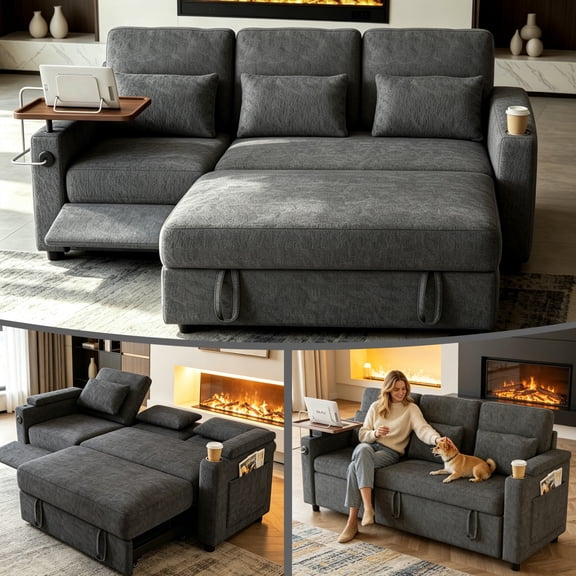 Sleeper Sectional Sofa, 83" Convertible Sofa Bed with Pull Out Couches, Adjustable Backrest and Seating, L Shaped Couch with Small Desktop, Modern Chenille Sofas for Living Room Apartment,Grey