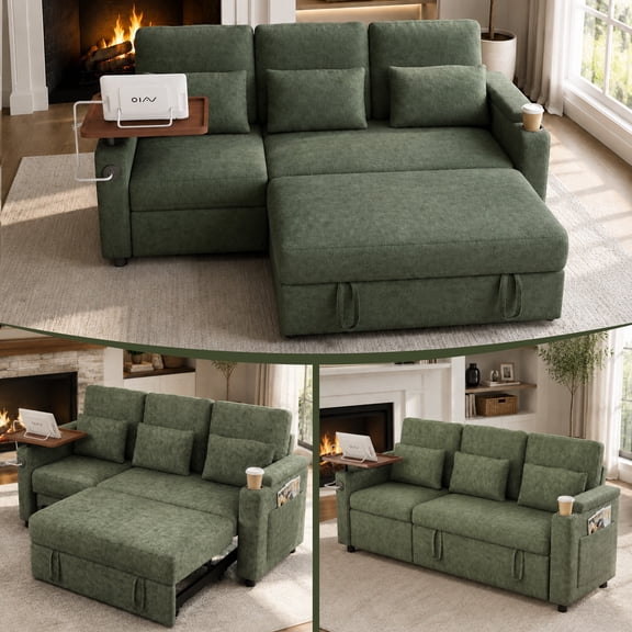 Sleeper Sectional Sofa, 83" Convertible Sofa Bed with Pull Out Couches, Adjustable Backrest and Seating, L Shaped Couch with Small Desktop, Modern Chenille Sofas for Living Room Apartment,Green