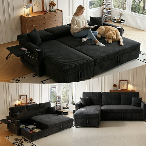 Sleeper Sectional Sofa, 83" Convertible Sofa Bed with Pull Out Couches, Small Desktop, L Shaped Couch with Reversible Chaise, Cup Holders, USB, Modern Corduroy Sofas for Living Room Apartment, Black