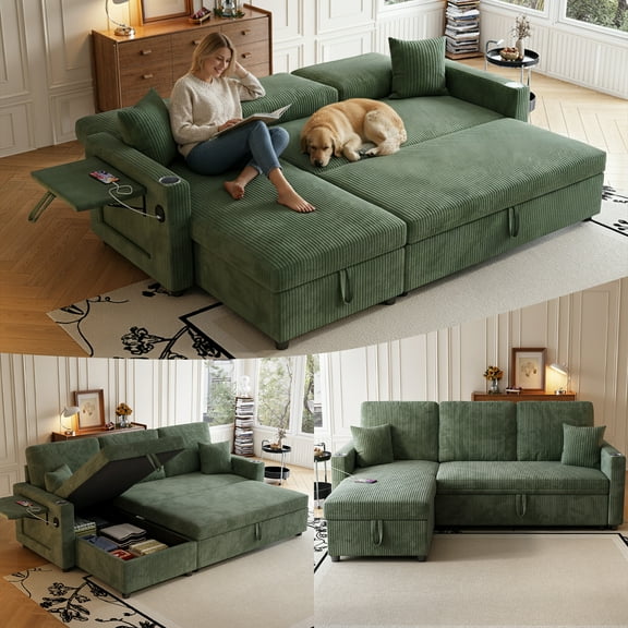 Sleeper Sectional Sofa, 83" Convertible Sofa Bed with Pull Out Couches, Small Desktop, L Shaped Couch with Reversible Chaise, Cup Holders, USB, Modern Corduroy Sofas for Living Room Apartment, Green