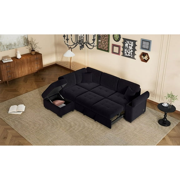 Sleeper Sectional Sofa, L-Shape Corner Couch Sofa-Bed with Storage Ottoman & Hidden Arm Storage & USB Charge for Living Room Apartment, Black