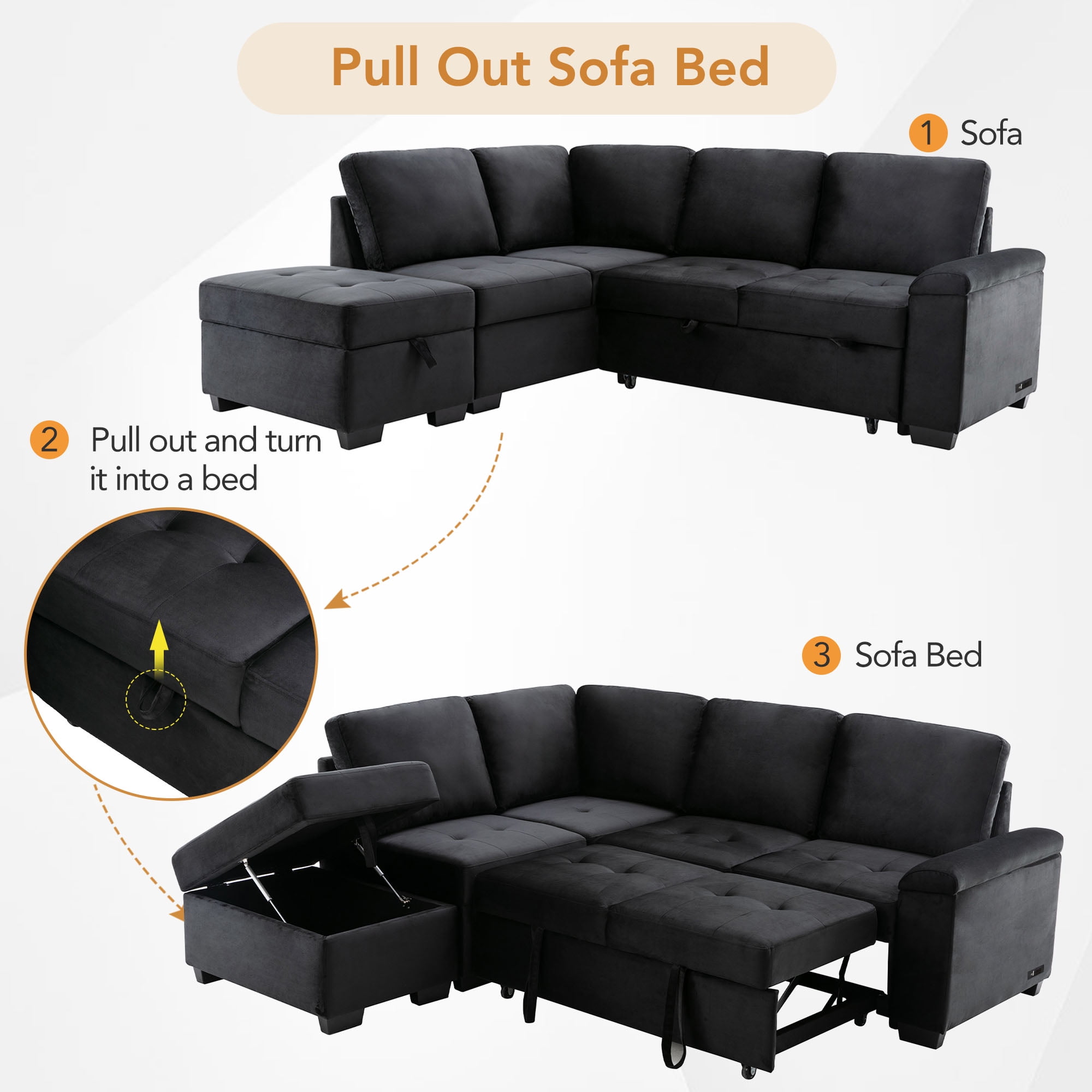 Sleeper Sectional Sofa, LShape Corner Couch SofaBed with Storage — free download