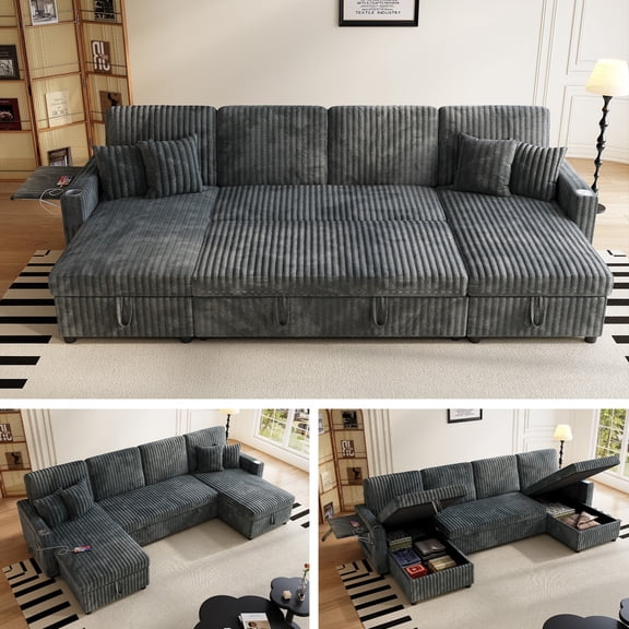 Sleeper Sectional Sofa, Modern 110" U Shaped Couch with Pull Out Bed, Convertible Corduroy Cloud Sofa with Double Storage Chaise, USB, Small Desktop, Comfy Modular Couch for Living Room,Dark Grey