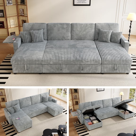 Sleeper Sectional Sofa, Modern 110" U Shaped Couch with Pull Out Bed, Convertible Corduroy Cloud Sofa with Double Storage Chaise, USB, Small Desktop, Comfy Modular Couch for Living Room, Grey
