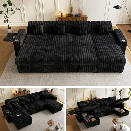 Sleeper Sectional Sofa, Modern 122" U Shaped Couch with Pull Out Bed, Convertible Corduroy Cloud Sofa with Double Storage Chaise, USB, Small Desktop, Comfy Modular Couch for Living Room, Black
