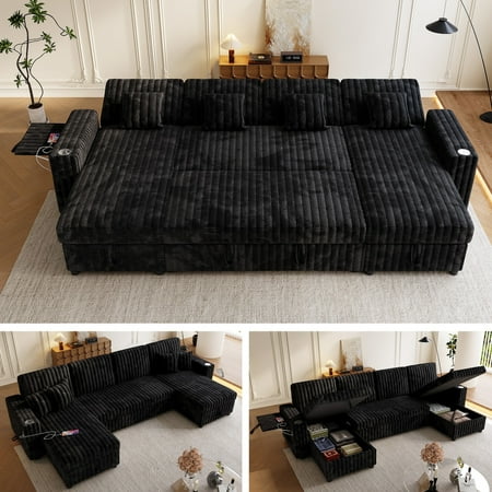 Sleeper Sectional Sofa, Modern 122" U Shaped Couch with Pull Out Bed, Convertible Corduroy Cloud Sofa with Double Storage Chaise, USB, Small Desktop, Comfy Modular Couch for Living Room, Black
