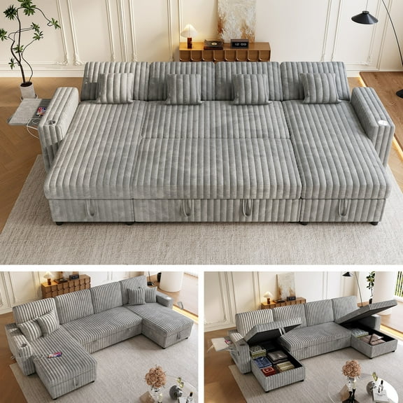 Sleeper Sectional Sofa, Modern 122" U Shaped Couch with Pull Out Bed, Convertible Corduroy Cloud Sofa with Double Storage Chaise, USB, Small Desktop, Comfy Modular Couch for Living Room, Grey