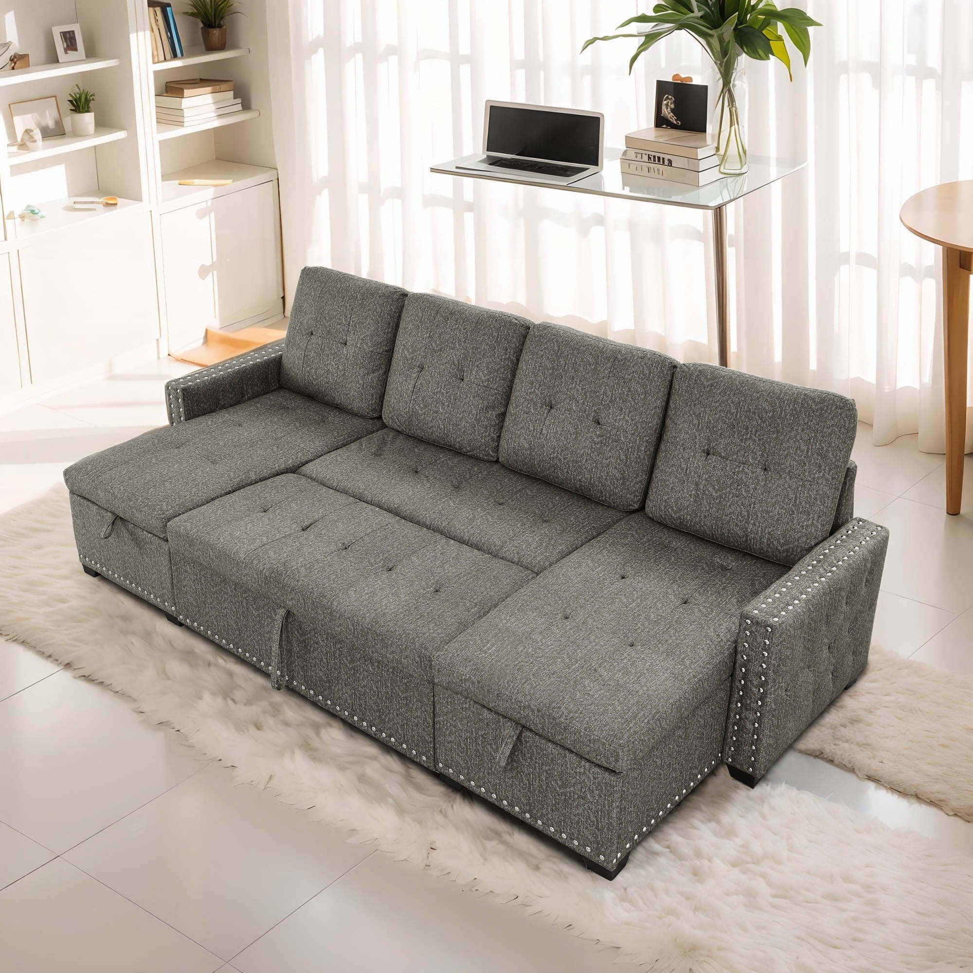 Sleeper Sofa,109 inch Oversize-2 in 1 Pull Out Bed, Sectional Sleeper Sofa with Double Storage Chaise for Living Room, Gray Linen Couch