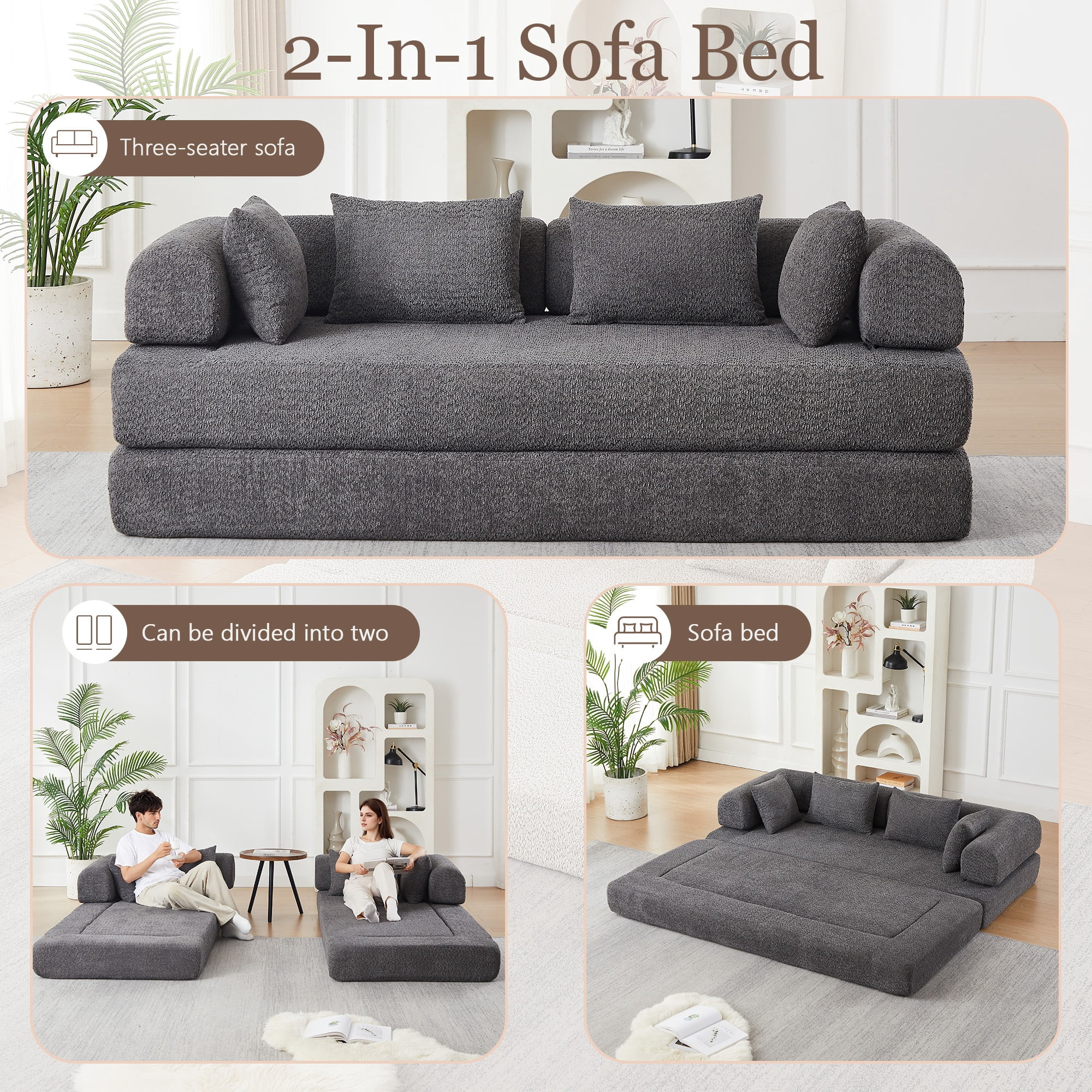 Sleeper Sofa 78.9 Inch with Chenille Fabric and Modular Design, Convertible Floor Sofa Bed and Folding Mattress Couch with Removable Armrests, Gray