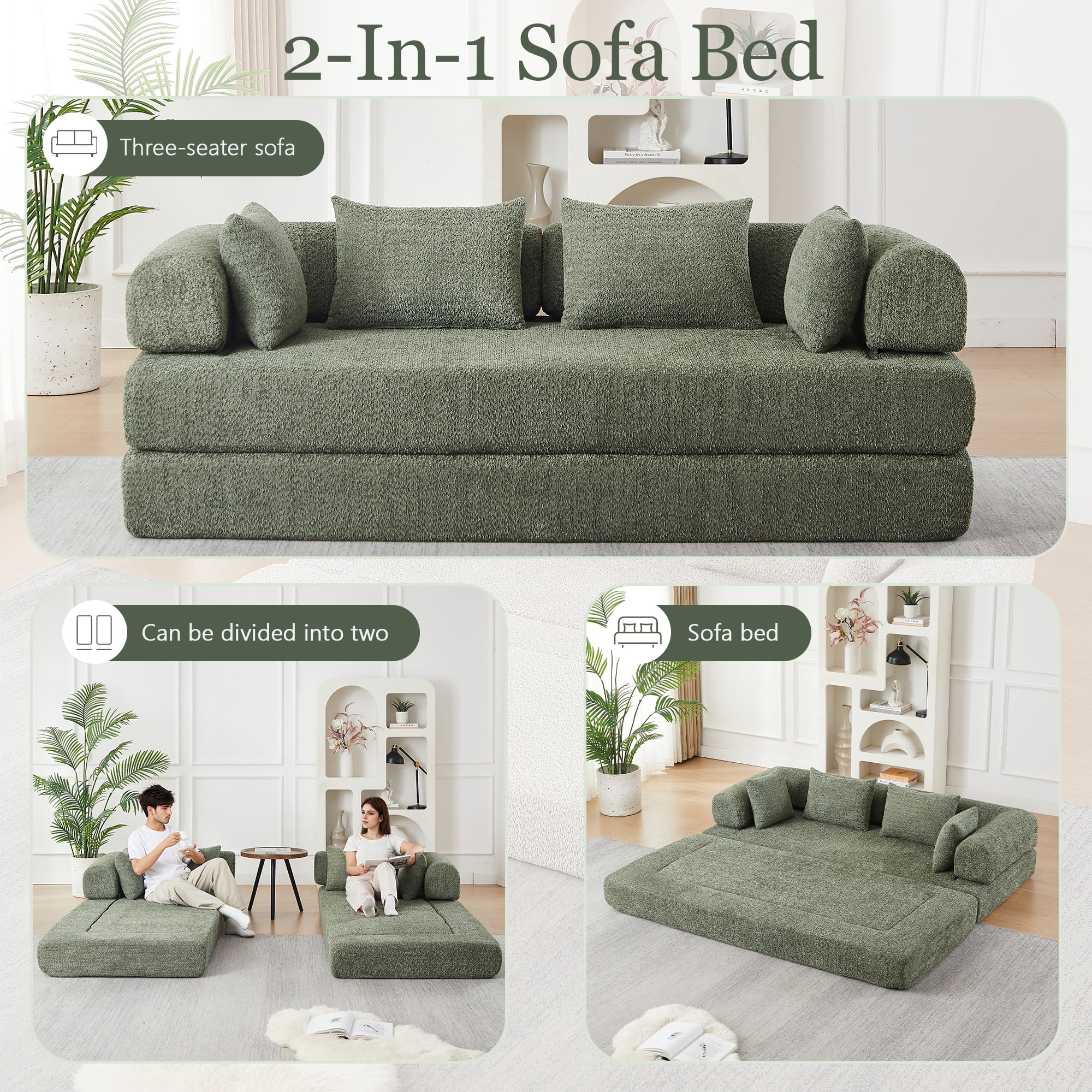 Sleeper Sofa 78.9 Inch with Chenille Fabric and Modular Design, Convertible Floor Sofa Bed and Folding Mattress Couch with Removable Armrests, Green