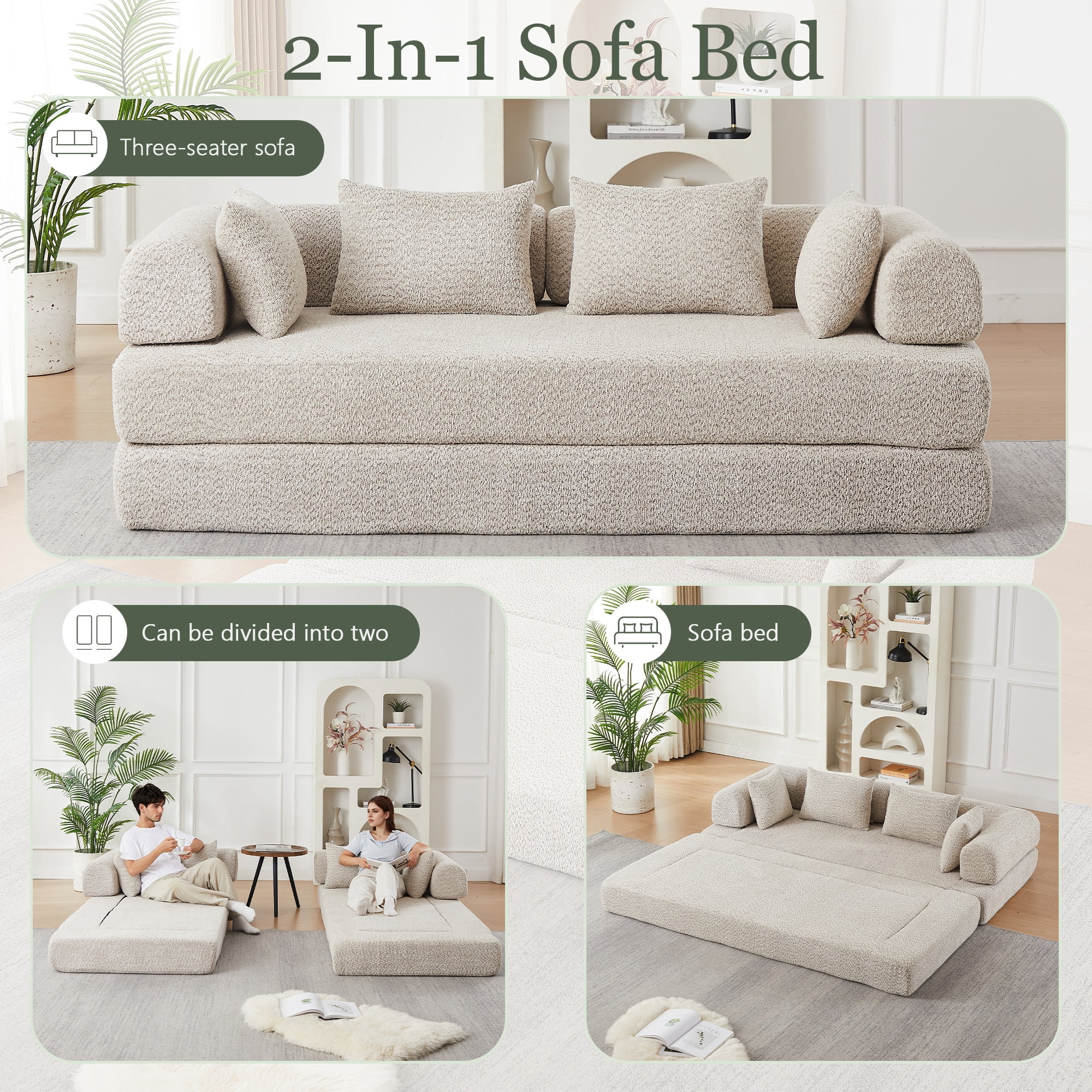 Sleeper Sofa 78.9 Inch with Chenille Fabric and Modular Design, Convertible Floor Sofa Bed and Folding Mattress Couch with Removable Armrests, Khaki