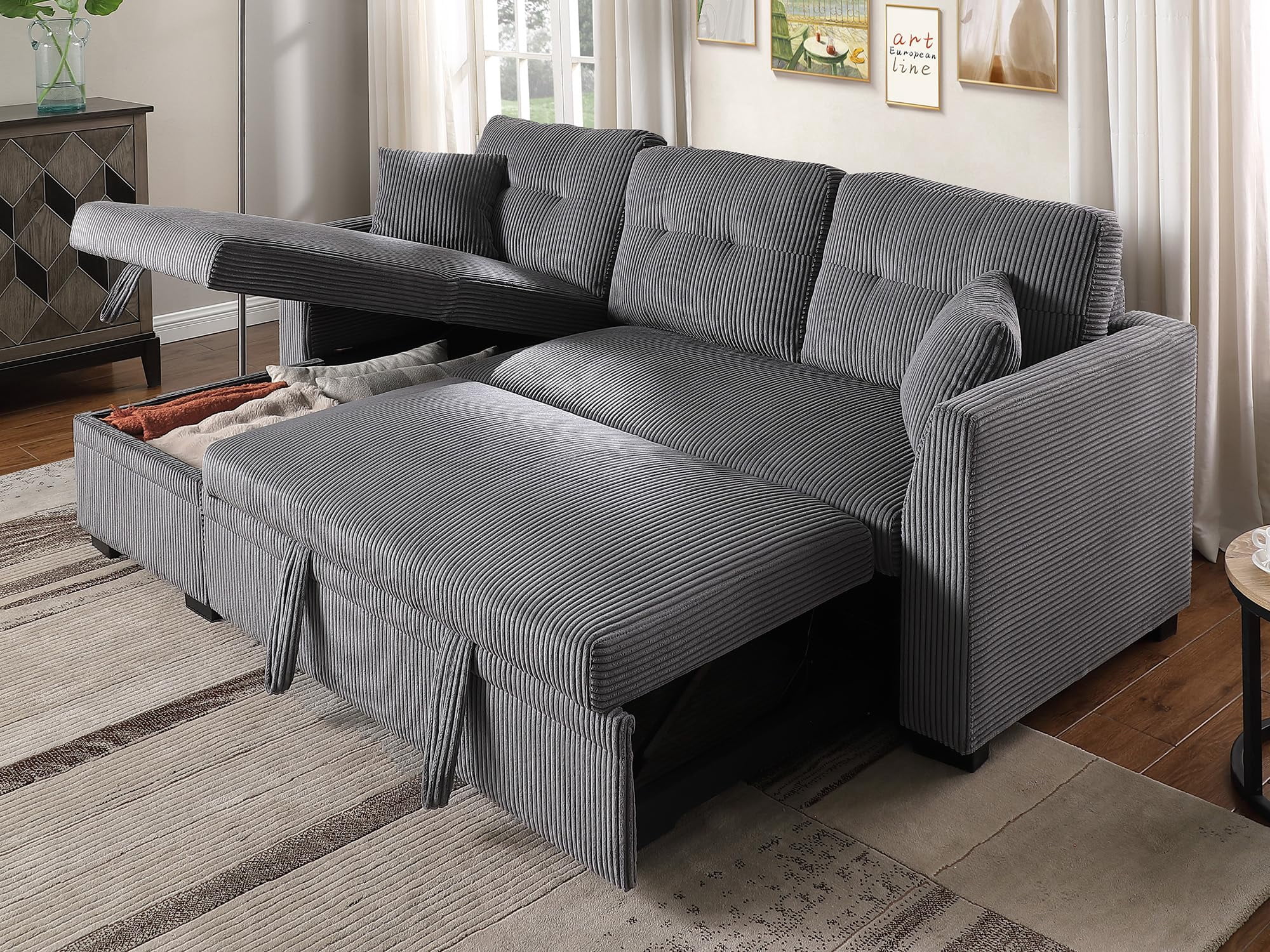 Sleeper Sofa, 82" Corduroy Sectional Sofa Bed with Storage Chaise ...