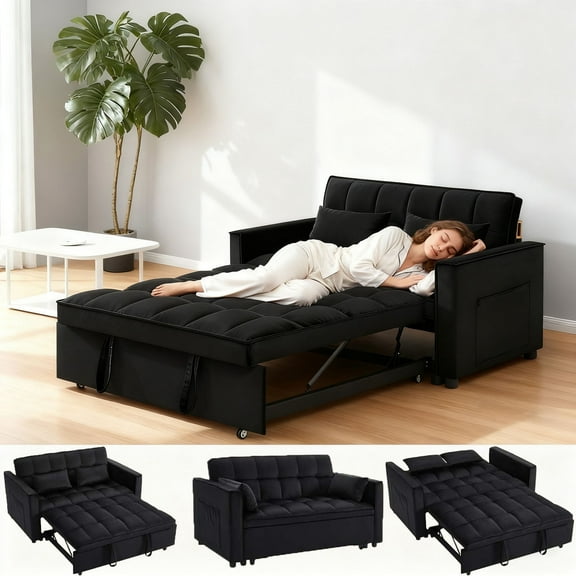 Sleeper Sofa Bed, 3-in-1 Velvet Pull Out Couch with Storage Pockets, Adjustable Backrest & 2 Pillows