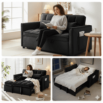 3 in 1 Sleeper Sofa Bed, 55" Convertible Pull Out Couch with Adjustable Backrest, Velvet Loveseat Sofa with Side Pockets for Living Room, Bedroom, Apartment, and Small Space (Black)