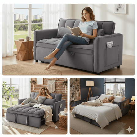 3 in 1 Sleeper Sofa Bed, 55" Convertible Pull Out Couch with Adjustable Backrest, Velvet Loveseat Sofa with Side Pockets for Living Room, Bedroom, Apartment, and Small Space (Dark Gray)