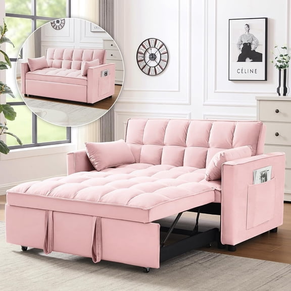 Sleeper Sofa Bed,55'' Convertible Pull Out Couch with Side Pockets,Velvet Fabric Loveseat Sleeper Sofa with Adjustable Backrest for Living Room,Bedroom,Apartment, Pink