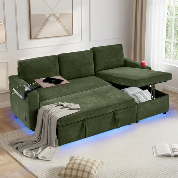 Sleeper Sofa Bed, 85'' L-Shape Pull Out Couch with Storage Chaise, Chenille Modern Sofa | Side Pockets | Retractable Table | LED Ambient Light | USB Charging Ports | Cup Holders | Green
