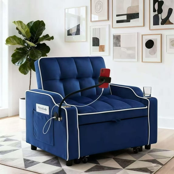 3-in-1 Futon Sofa Bed with USB Charging Ports & Cup Holder, Upholstered Sleeper for Living Room, Apartment, Blue