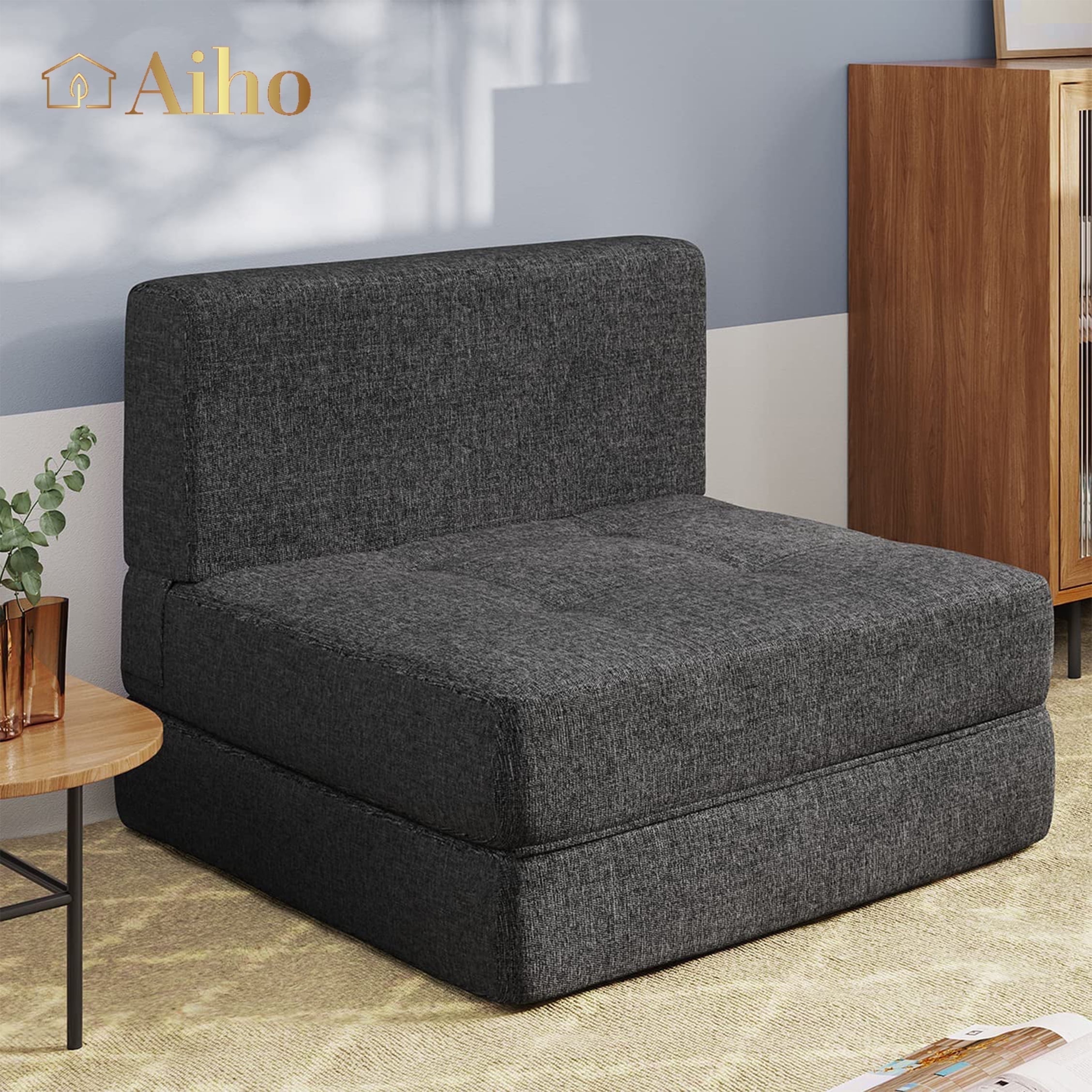 Aiho 3-in-1 Convertible Sofa Bed with Sturdy Wood Legs - Sleeper Chair for Small Spaces, Living Room - Dark Grey