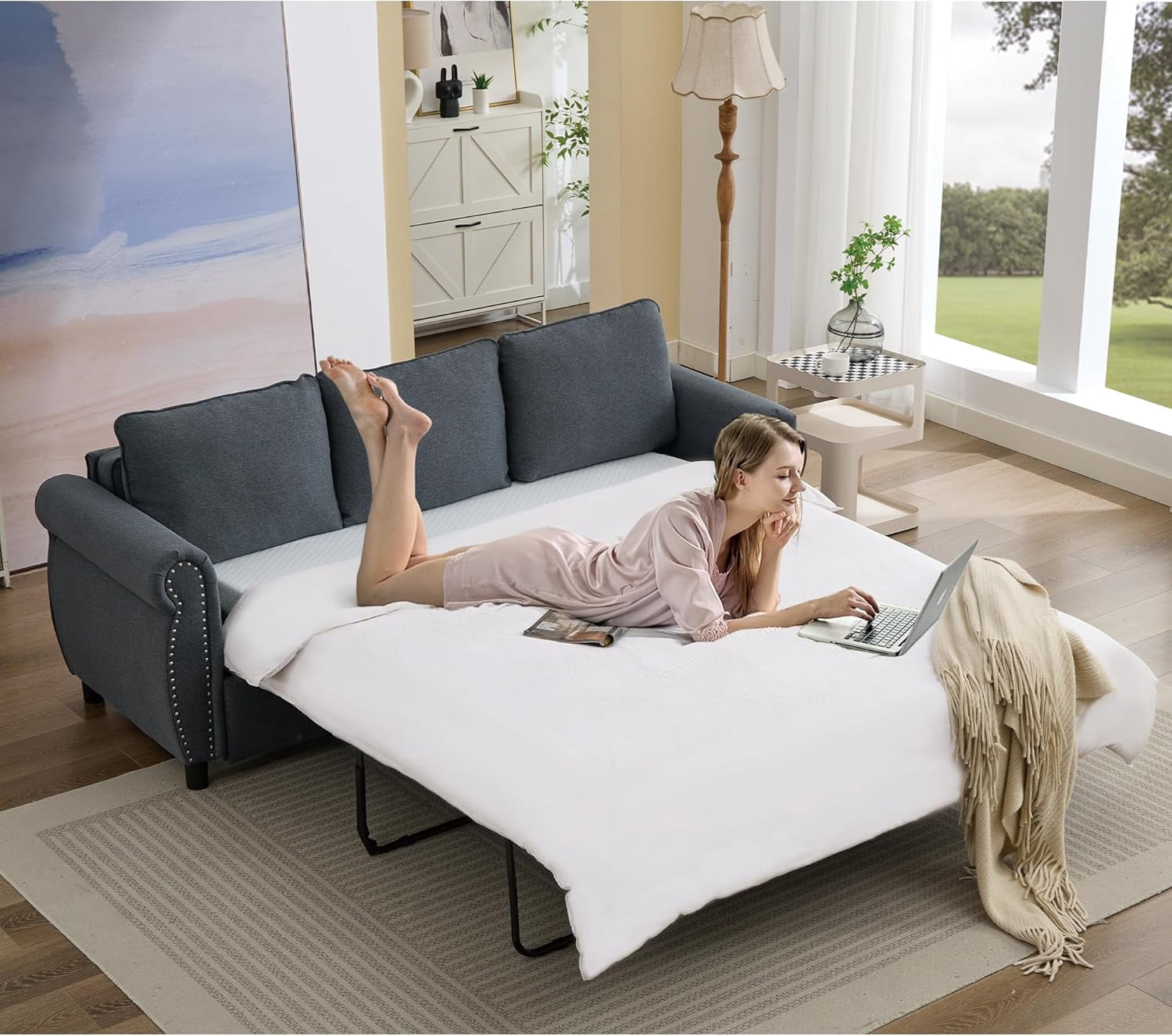 Sleeper Sofa Bed Full Size, Pull Out Couch with Mattress, 81.5'' 3 Seater Upholstery Sectional Couches, Modern Linen Convertible Sofa, Living Room Furniture for Small Spaces, Apartment, Grey