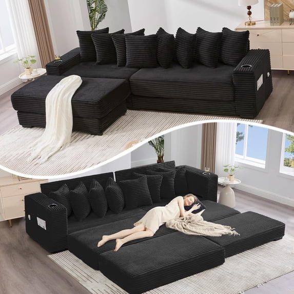 Sleeper Sofa Bed King, Corduroy Modular L Shaped Sofa, Oversized Reversible Chaise Lounge, Modern Sectional Couch with Ottoman, Cup Holder, Side Pocket, 8 Pillows, for Living Room, Black