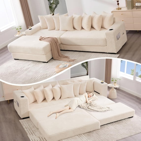 Sleeper Sofa Bed King, Corduroy Modular L Shaped Sofa, Oversized Reversible Chaise Lounge, Modern Sectional Couch with Ottoman, Cup Holder, Side Pocket, 8 Pillows, for Living Room, Beige