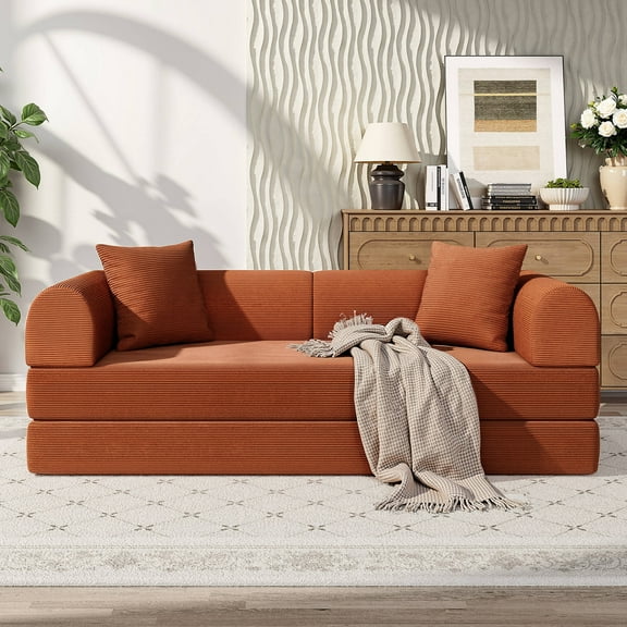 Madevos Sofa Bed,78.8"W Convertible Modular Sectional Couch for Apartment Living Room, Includes 2 Pillows & 3 Sturdy Support Frame, Orange
