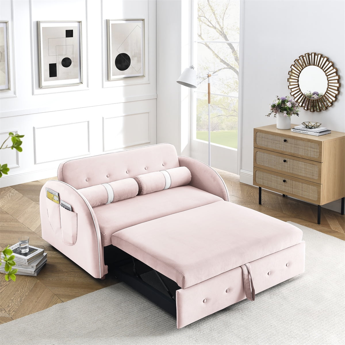 Sleeper Sofa Bed,Modern 2 Seater Loveseats Sofa Couch with Adjsutable Backrest and Side Pockets