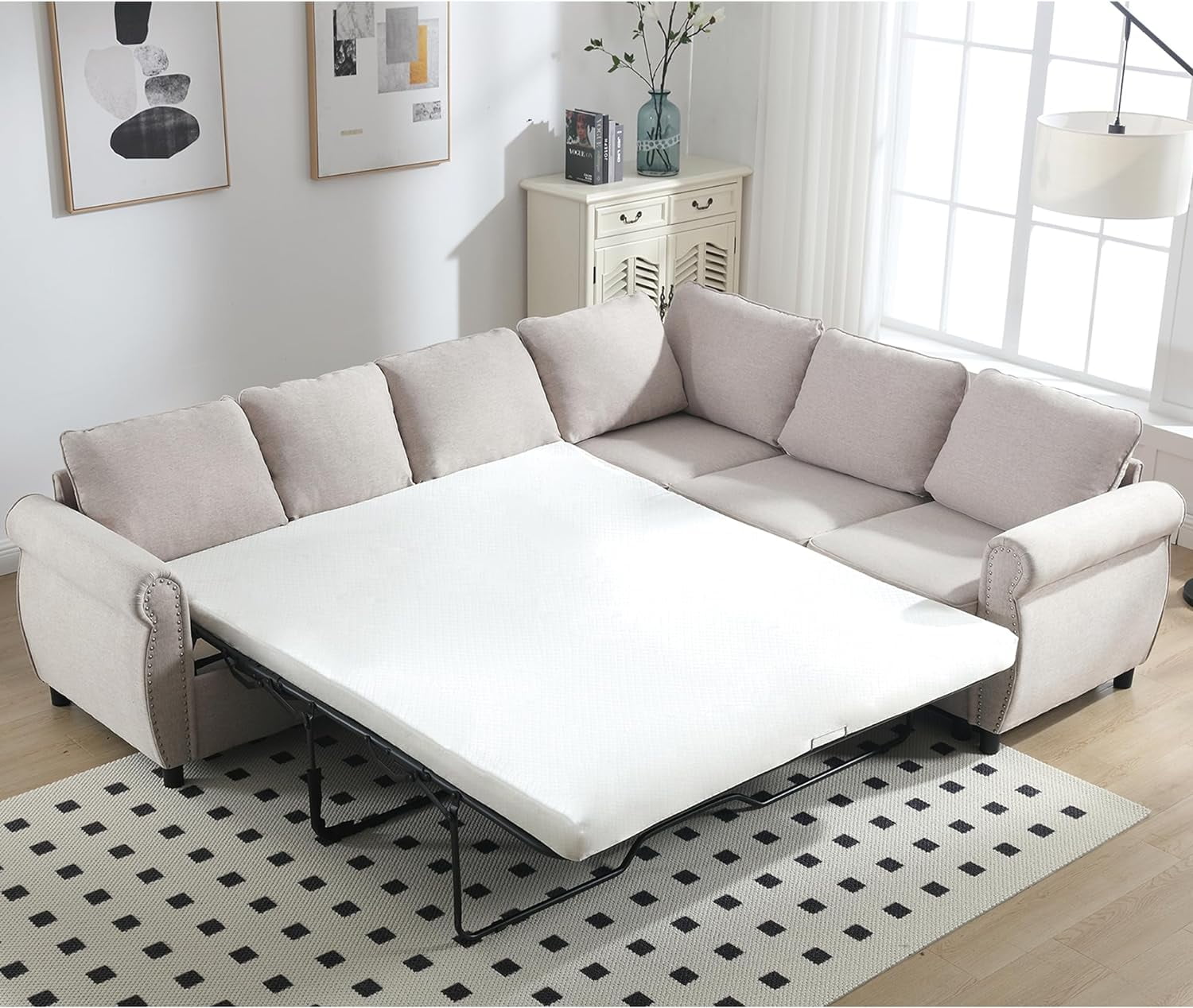 Sleeper Sofa Bed, Pull Out Couch with Mattress, 104'' 6 Seater Upholstery Sectional Couches, Modern Comfy L Shape Sofa Couch, Living Room Furniture for Living Room, Apartment, Studio, Beige