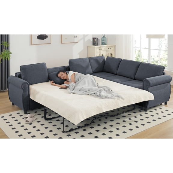 Sleeper Sofa Bed, Pull Out Couch with Mattress, 2 in 1 Pull Out Couch Bed, 104'' 6 Seater Upholstery Sectional Couches, Riveted sofa, for Living Room, Apartm