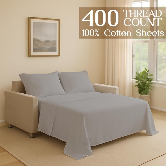 Sleeper Sofa Bed Sheet Set Silver - Cotton 400 Thread Count Deep Pocket Fitted Sheets with Pillowcases