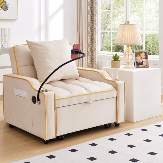 Convertible Sleeper Sofa, 3-in-1 Futon with USB Ports, Cup Holder & Phone Pocket, for Small Spaces, White