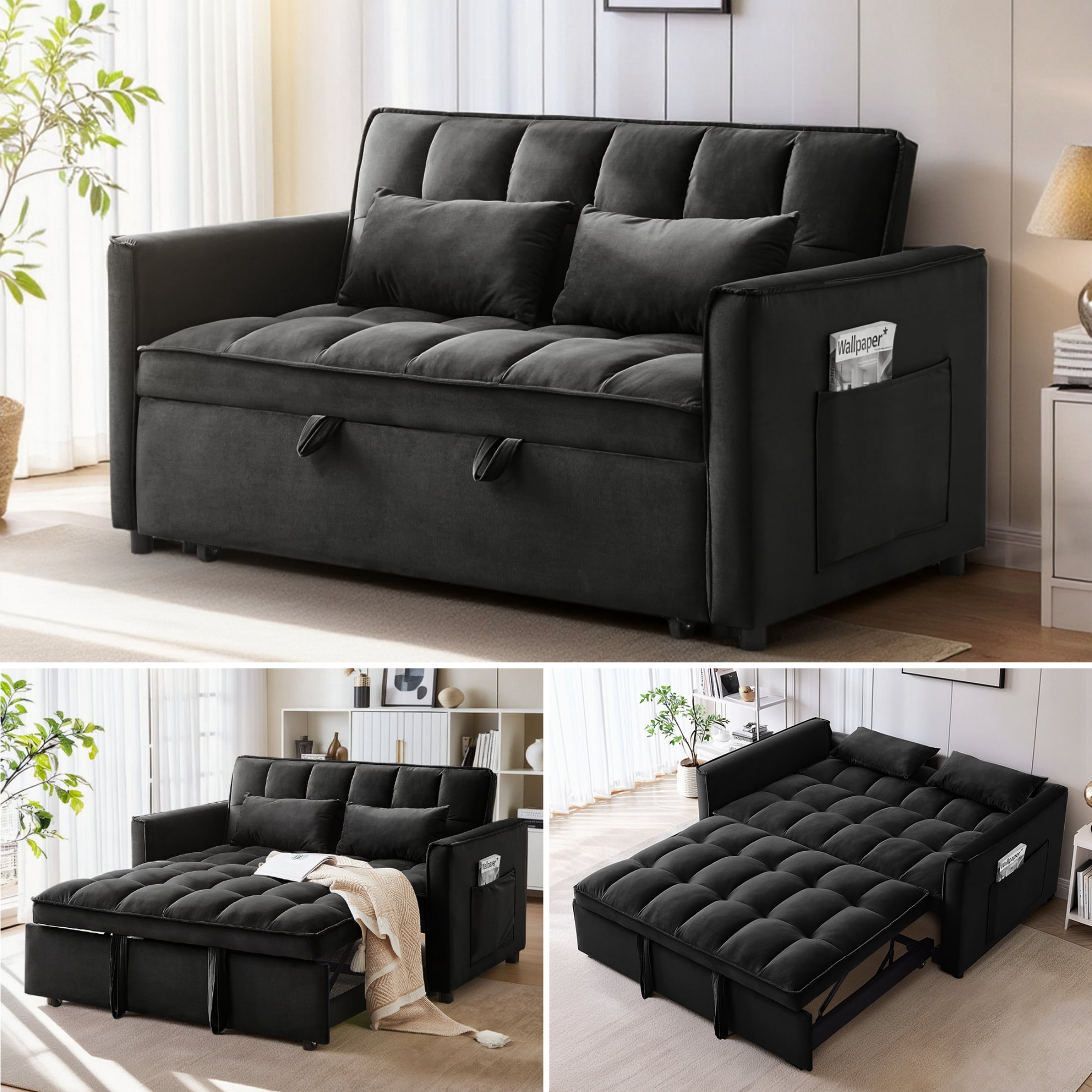 Anpport 3-in-1 Convertible Sleeper Sofa Bed, Pull-Out Loveseat Couch with Adjustable Back for Small Spaces, Velvet Fabric, 55", Black