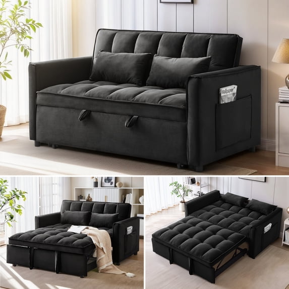 Anpport 3-in-1 Convertible Sleeper Sofa Bed, Pull-Out Loveseat Couch with Adjustable Back for Small Spaces, Velvet Fabric, 55", Black