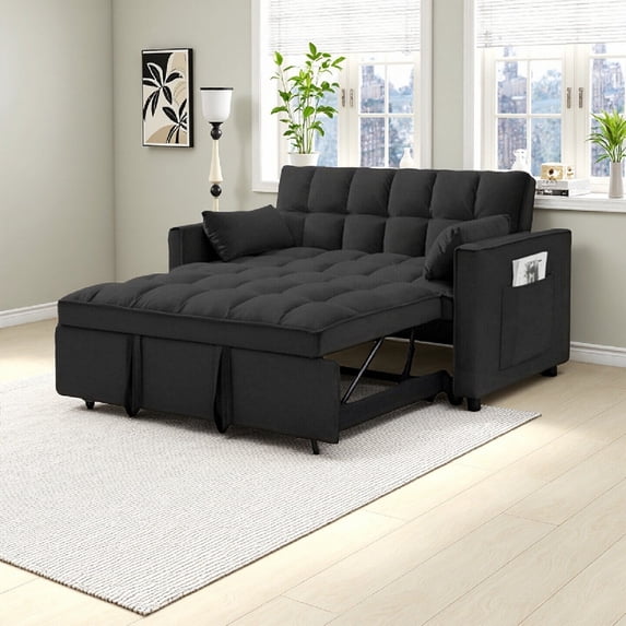 Vinform 55" 3 in 1 Convertible Sleeper Sofa Bed, Pull Out Loveseat Couch with Storage Pocket, Black
