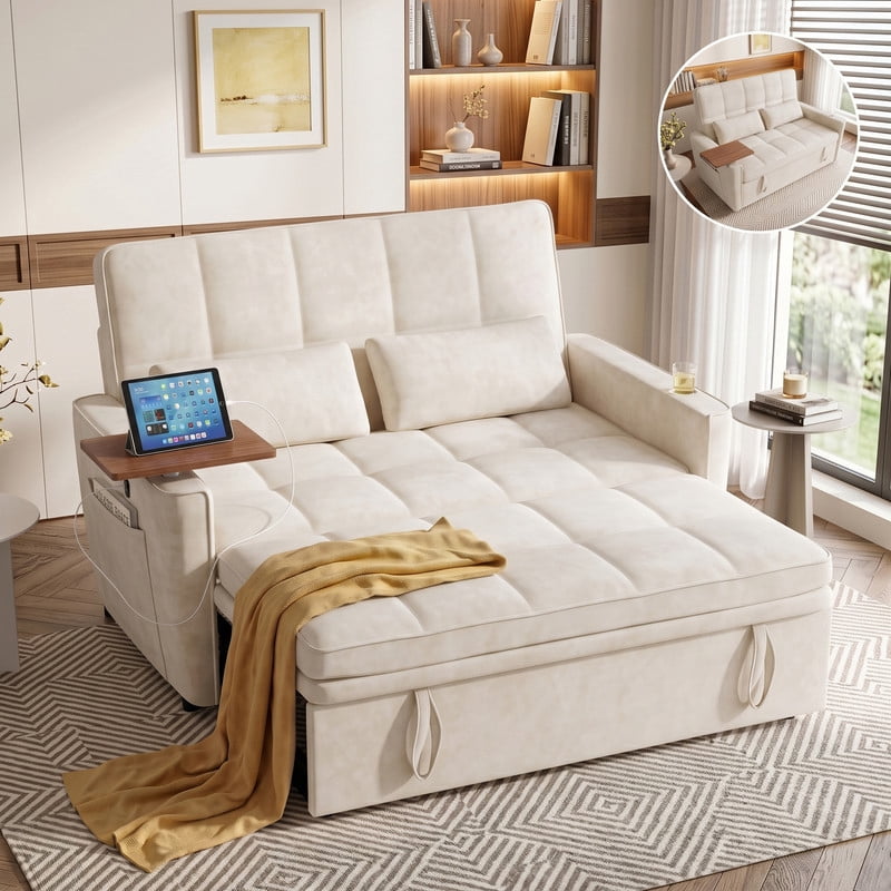 Anpport 3‑in‑1 Convertible Sleeper Sofa Bed, Pull‑Out Sofa with Side Desk, USB Ports, Cup Holders, Storage Armrests & Adjustable Backrest for Living Room Apartment, Green