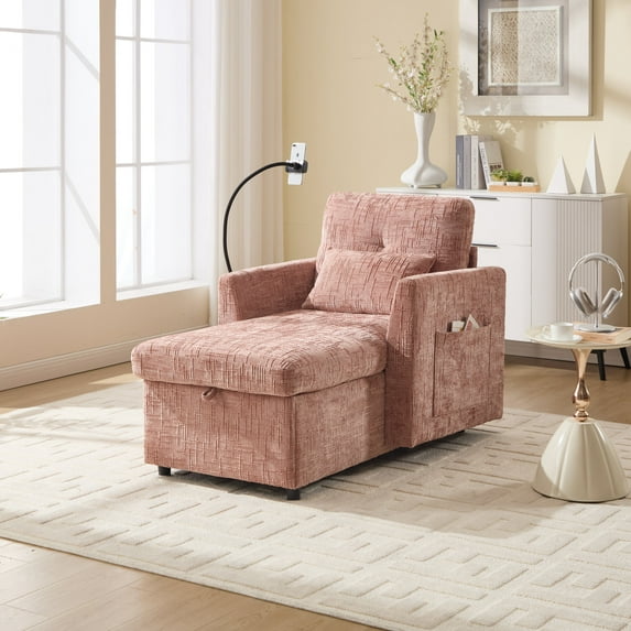Sleeper Sofa Bed with Hidden Storage Seat, Modern Chenille Single Recliner Sofa with Phone Holder and Side Pockets for Living Room, Pink