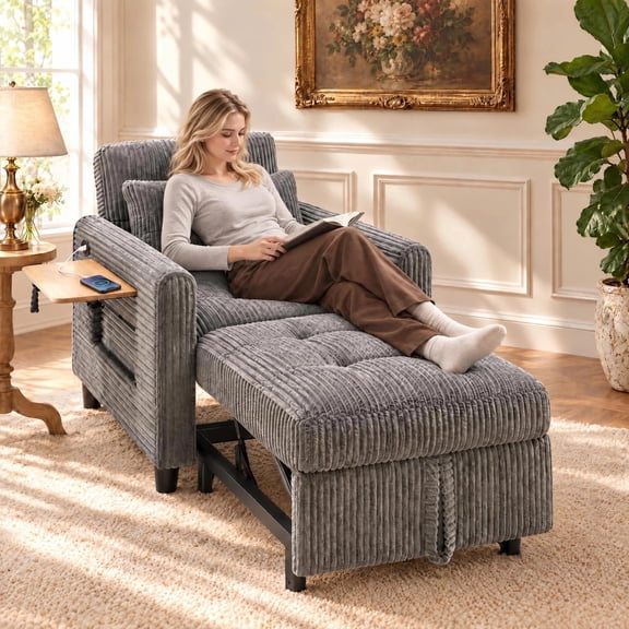 Sleeper Sofa Chair Bed, Lofka Convertible Pull Out Couch with Corduroy Fabric, Foldable Side Table & Built-in USB Charging Port for Living Room Small Space, Gray