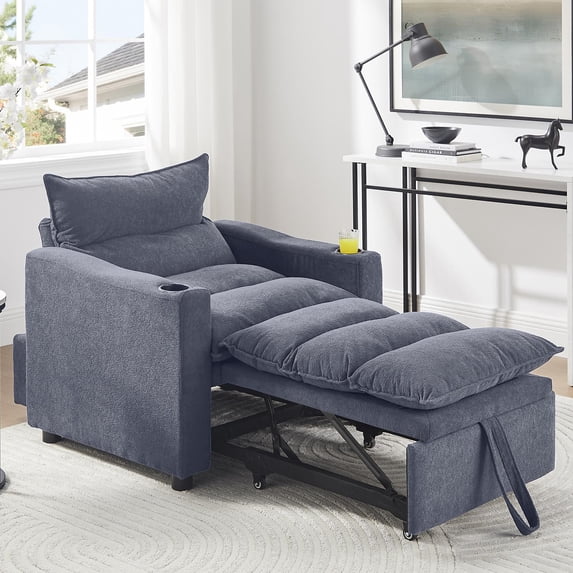 Sleeper Sofa Chair, Convertible Sofa Bed, 3-in-1 Sofa Chair with Adjustable Backrest and Cup Holder, Velvet Fabric for Living Room Apartment, Grey