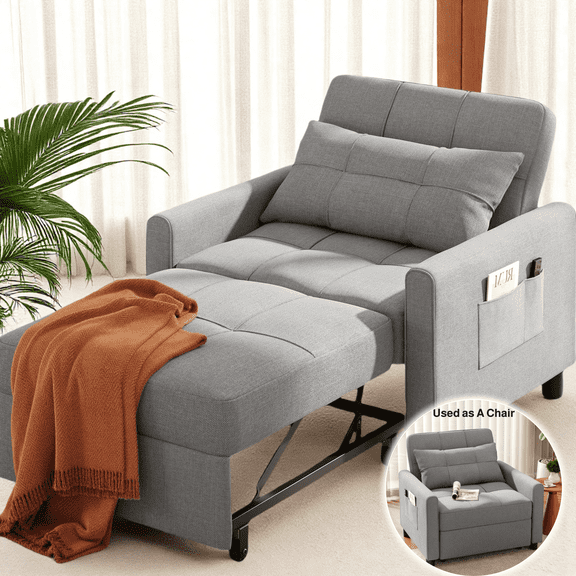 Sleeper Sofa, Convertible Chair Bed with Pillow and 3-Level Adjustable Backrest for Living Room, Gray