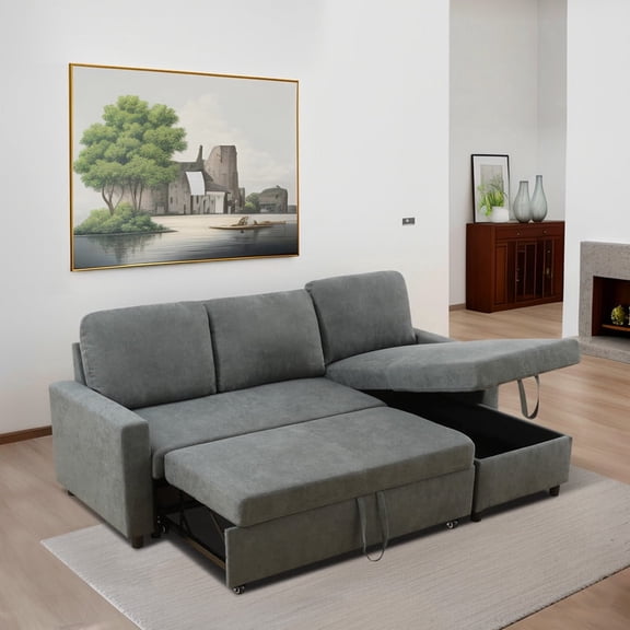 Sleeper Sofa Couch, 2 in 1 Pull Out Couch Bed with Storage Chaise, L Shaped Sectional Sleeper Sofas Bed Convertible Pull out Sofa for Living Room, 3 Seat Sleeper Sofa, Dark Gray