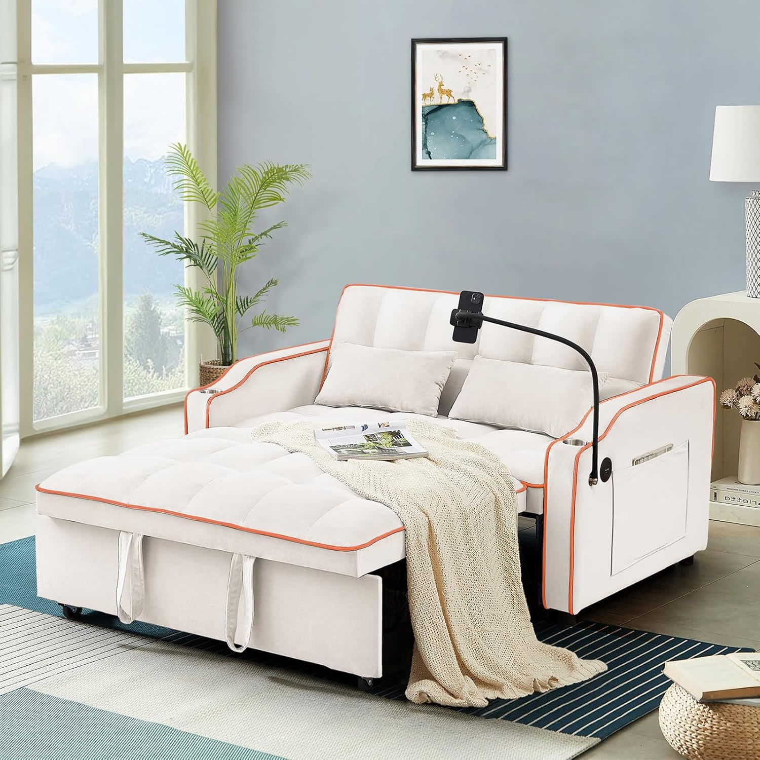 68" Convertible Sleeper Sofa Chair Bed, Armchair Sleeper Bed With USB Ports, Adjustable Backrest Cup Holder Pockets 3 In 1 Pull Out Beds Living Room Bedroom Apartmen