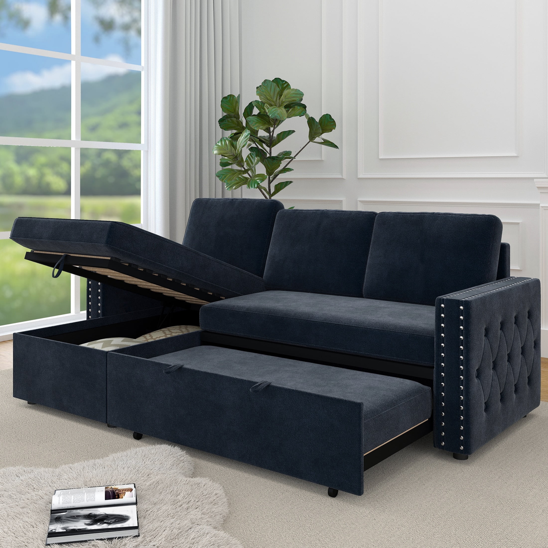 Sleeper Sofa, L Shaped Sectional Sofa with Pull Out Couch Bed and ...