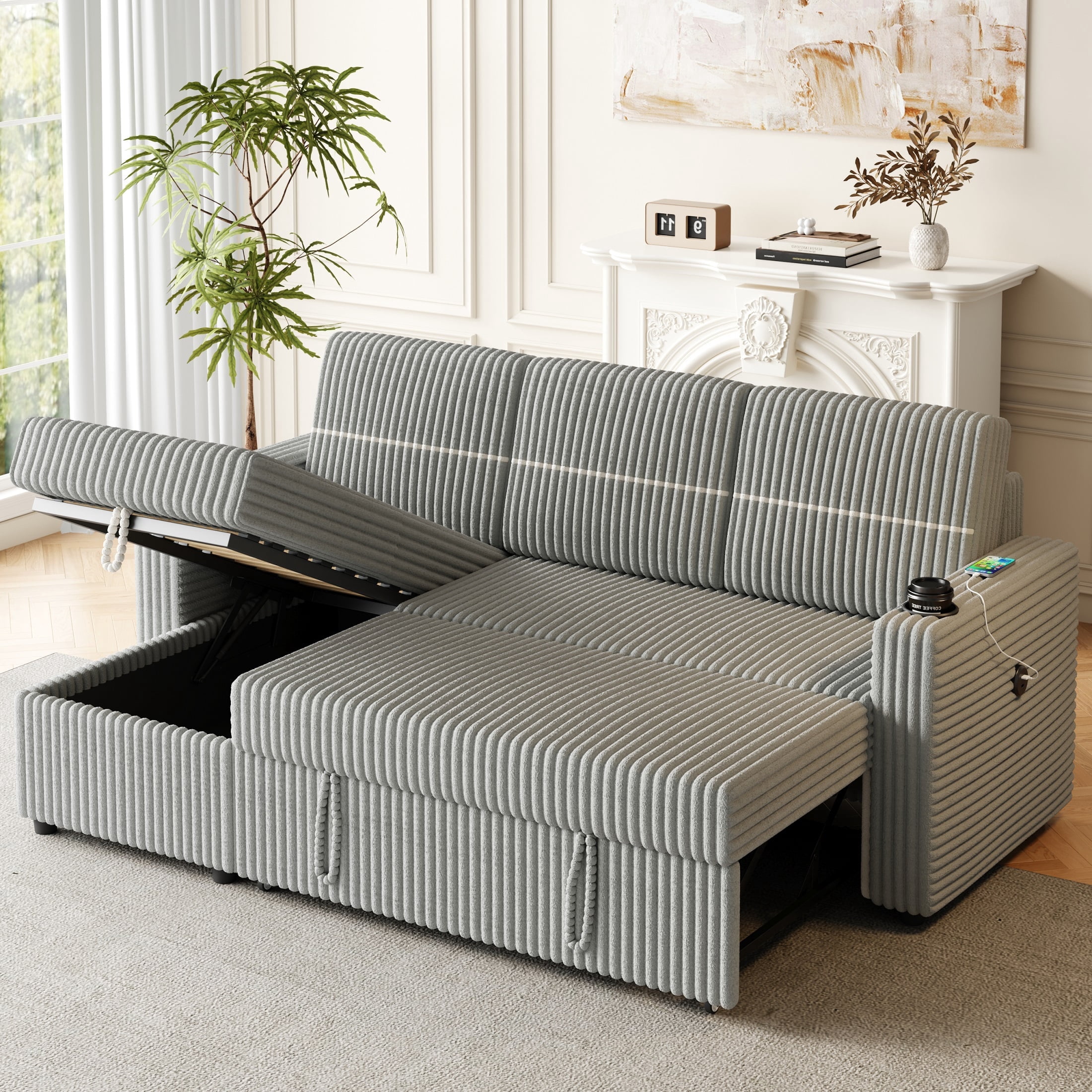 Sleeper Sofa, L Shaped Sectional Sofa with Pull Out Couch Bed, Two Cup ...
