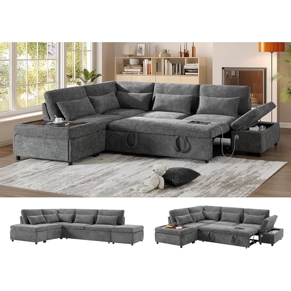 Luckhao Modern U-Shaped 7-Seat Sleeper Sectional Sofa with Pull Out Bed, Storage Chaise, USB Ports & Cupholders